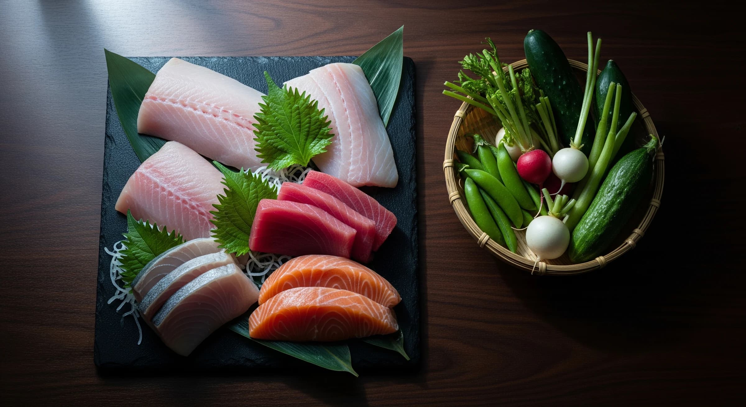 鮮魚と朝採れ野菜の仕入れの一場面